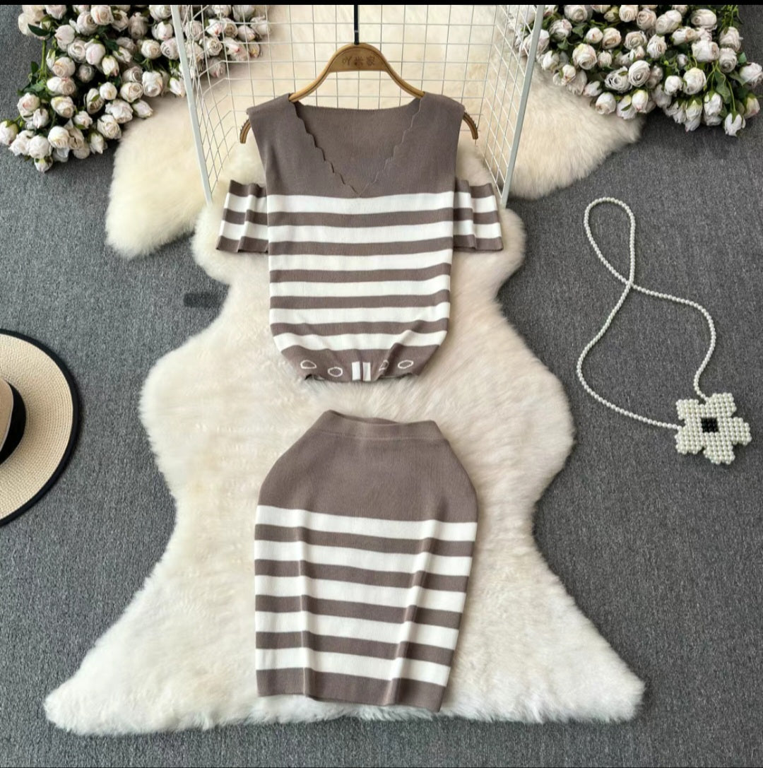 Chic Striped Cold-Shoulder Knit Top & Mini Skirt