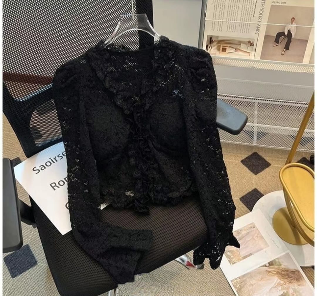Romantic Lace Long-Sleeve Top with Ruffle Detailing