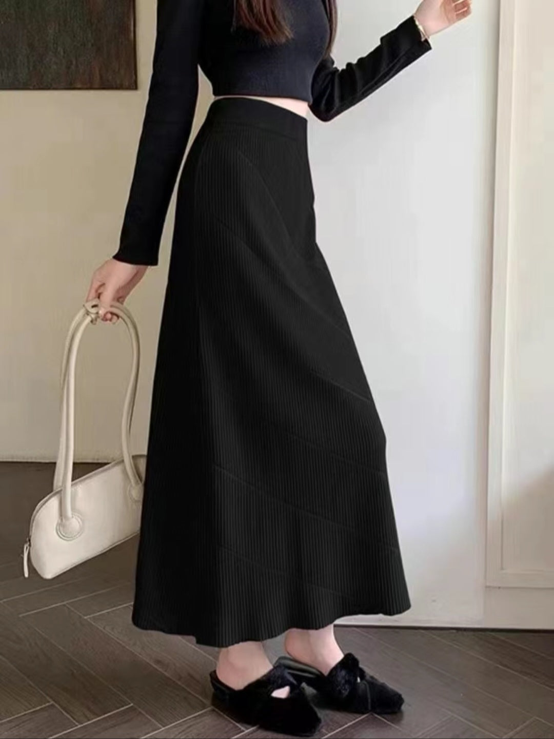 Elegant High Waist Ribbed Knit Maxi Skirt – Versatile & Chic