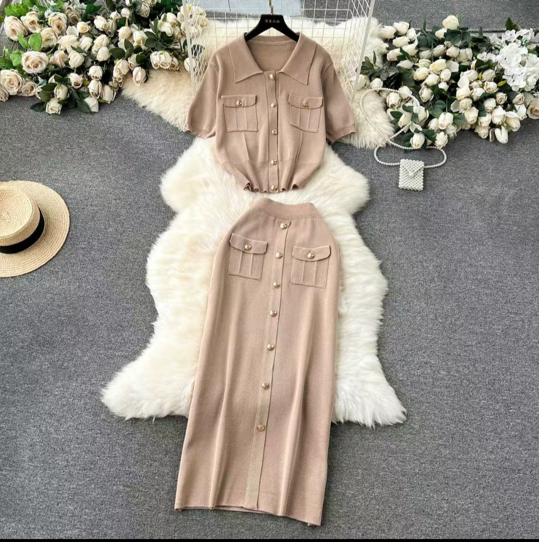 Elegant Knit Button-Front Top & Skirt Set