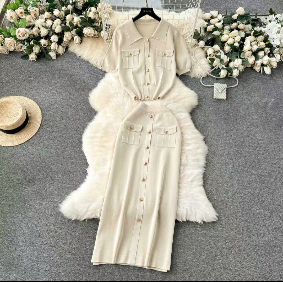 Elegant Knit Button-Front Top & Skirt Set