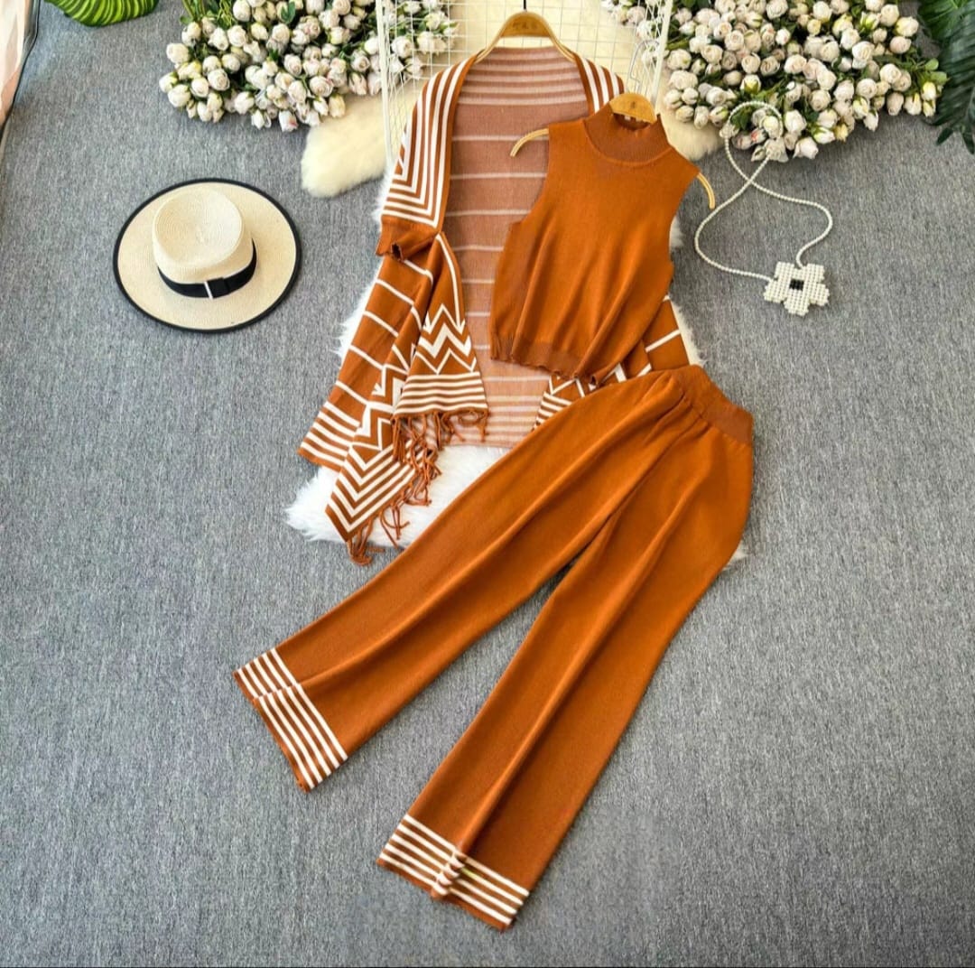 Trendy Three-Piece Knitted Co-ord Set – Effortlessly Stylish