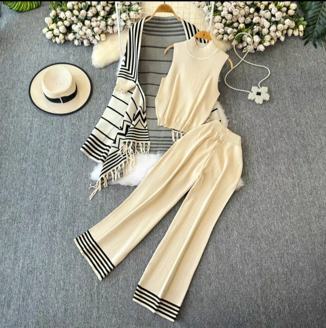 Trendy Three-Piece Knitted Co-ord Set – Effortlessly Stylish