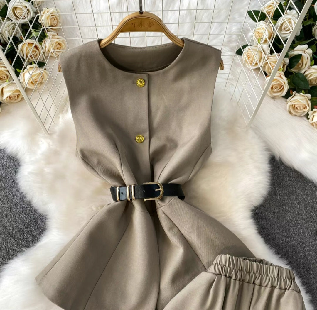 Elegant Sleeveless Belted Co-ord Set