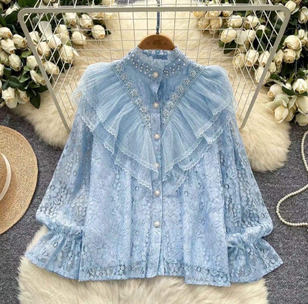 Chic  Lace Shirt with Pearl Collar