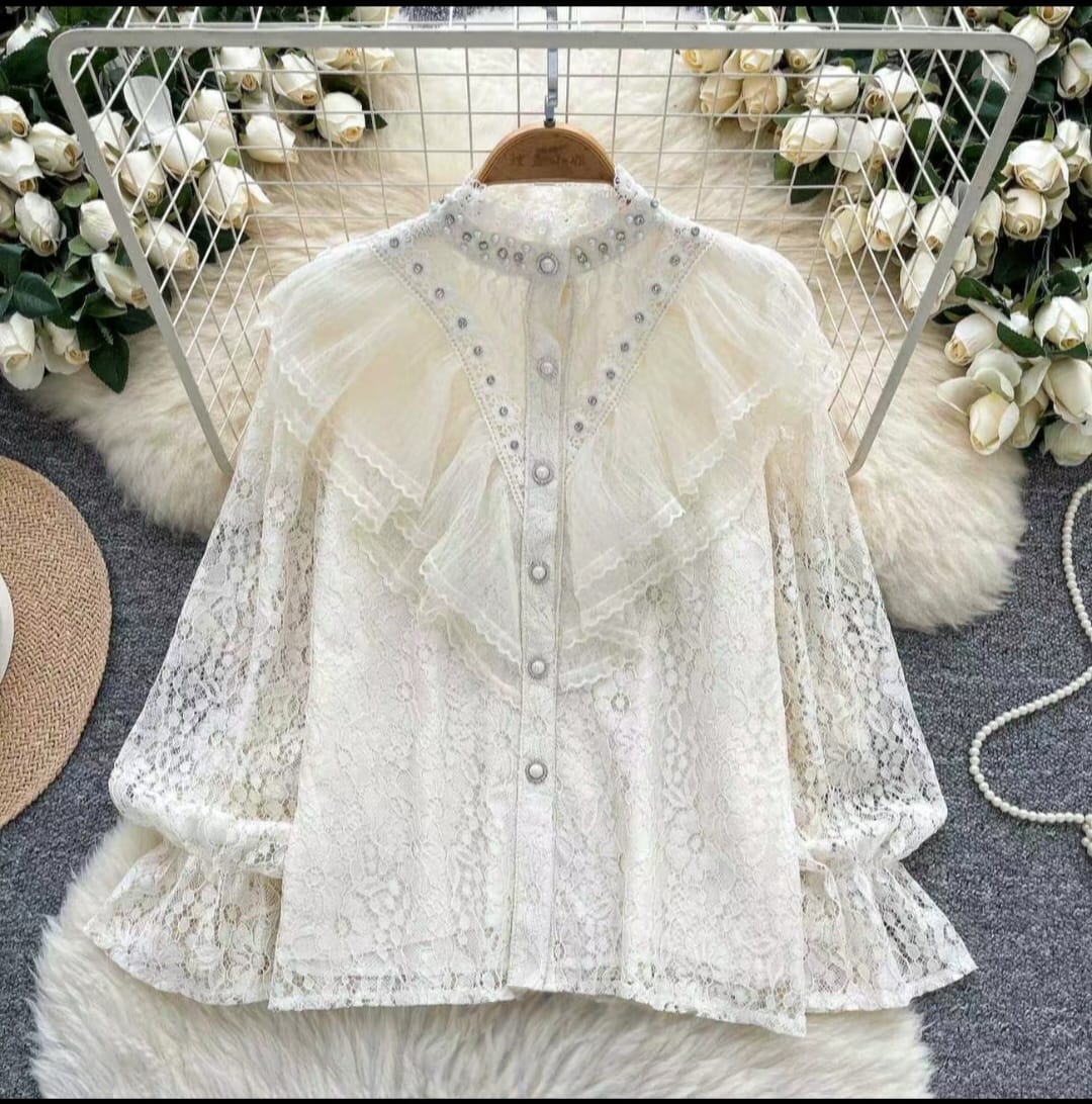 Chic  Lace Shirt with Pearl Collar