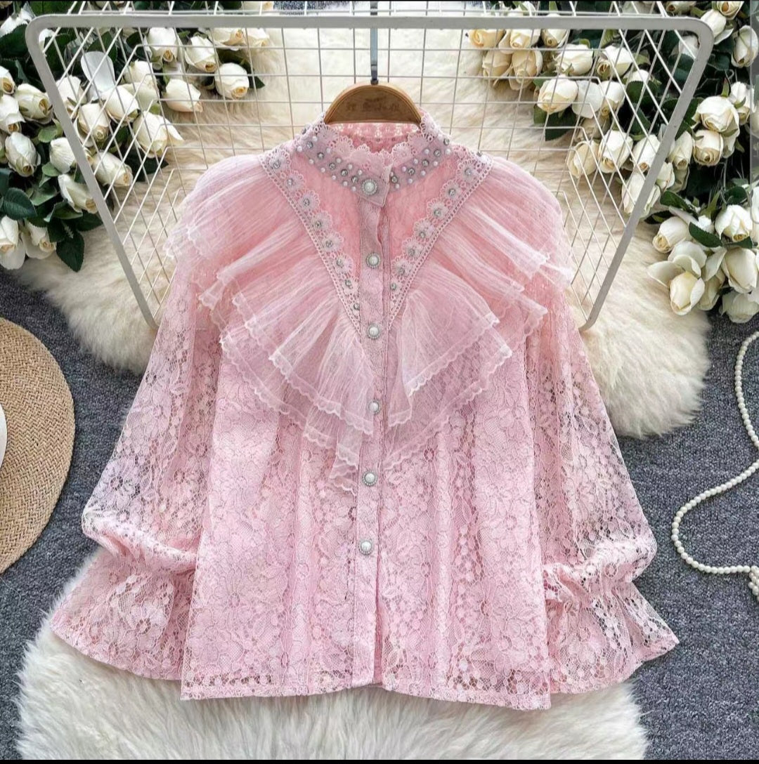 Chic  Lace Shirt with Pearl Collar