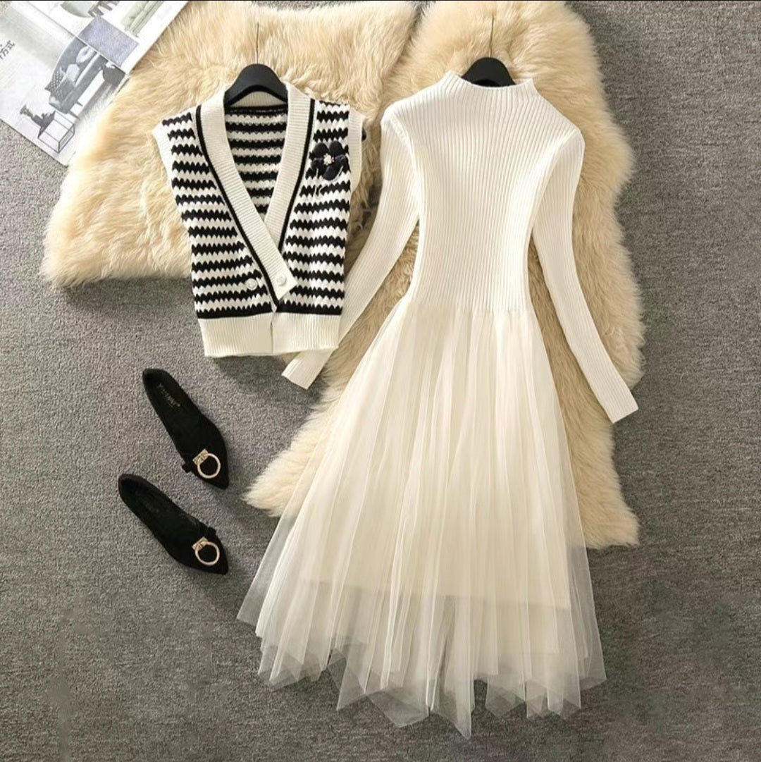 Elegant Knitted Mesh Dress Set with Chevron Vest – Timeless Chic