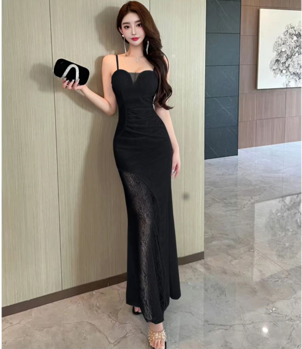 Lace Panel Spaghetti Strap Gown – Radiant & Refined Evening Elegance