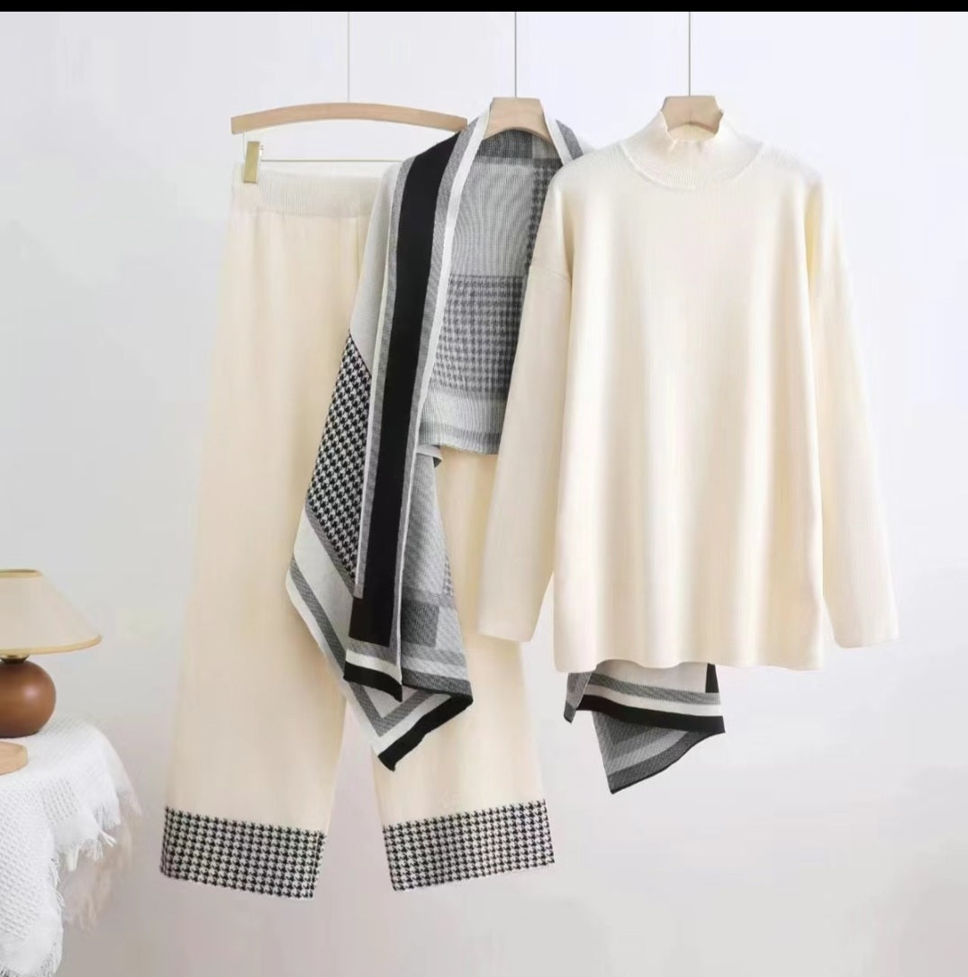 Houndstooth Accent Knit 3-Piece Co-ord Set – Versatile & Sophisticated