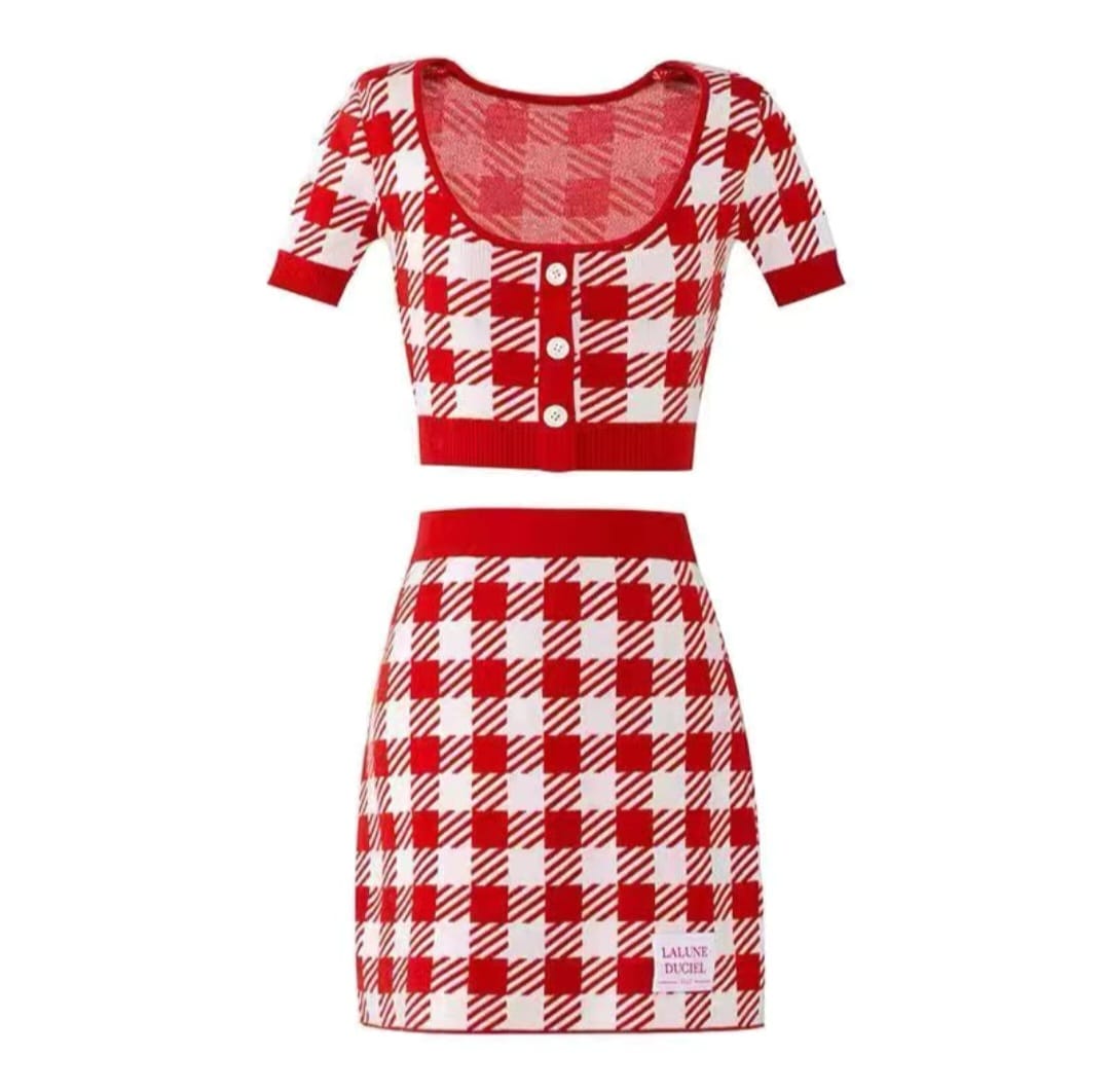 Retro Checkered Knit Crop Top & Skirt