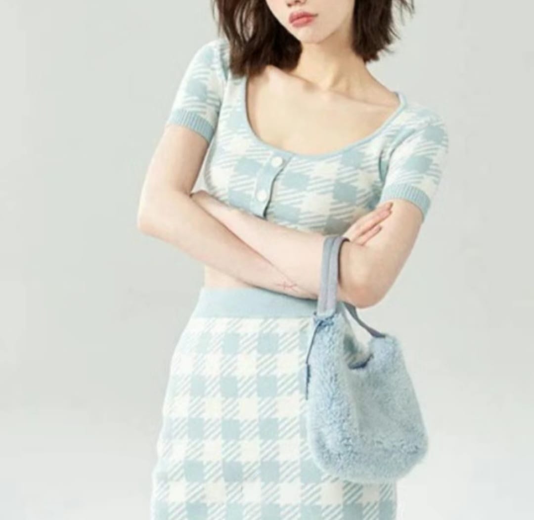 Retro Checkered Knit Crop Top & Skirt