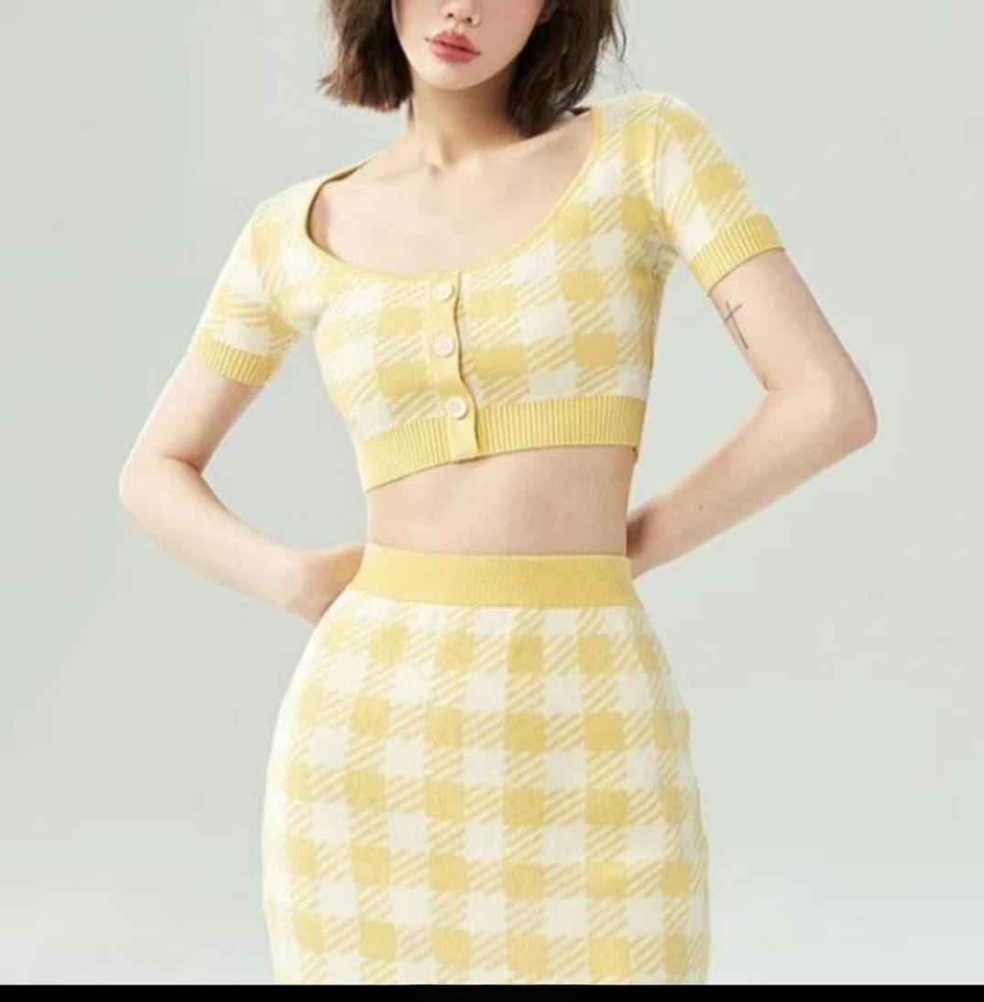 Retro Checkered Knit Crop Top & Skirt
