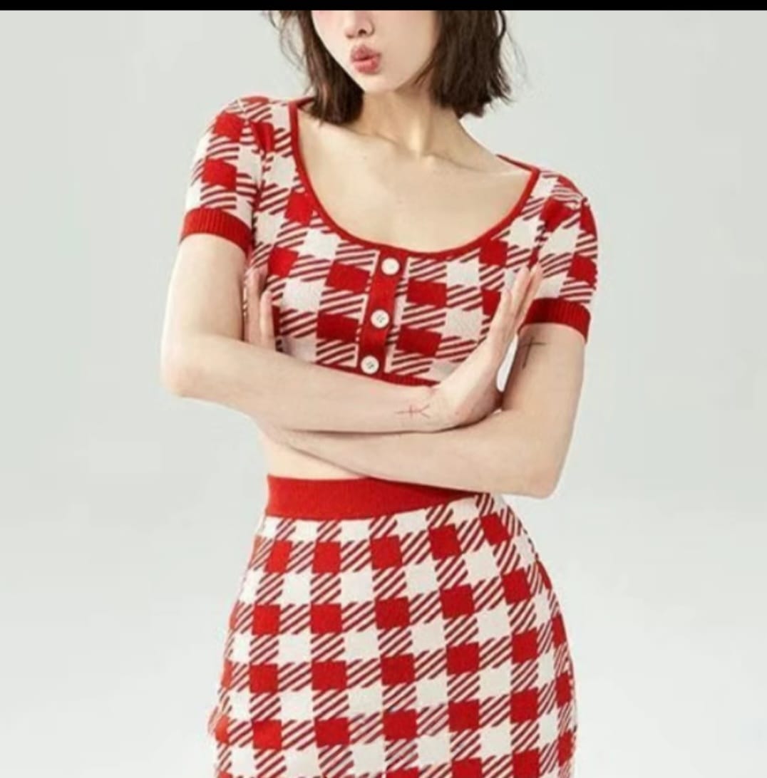 Retro Checkered Knit Crop Top & Skirt