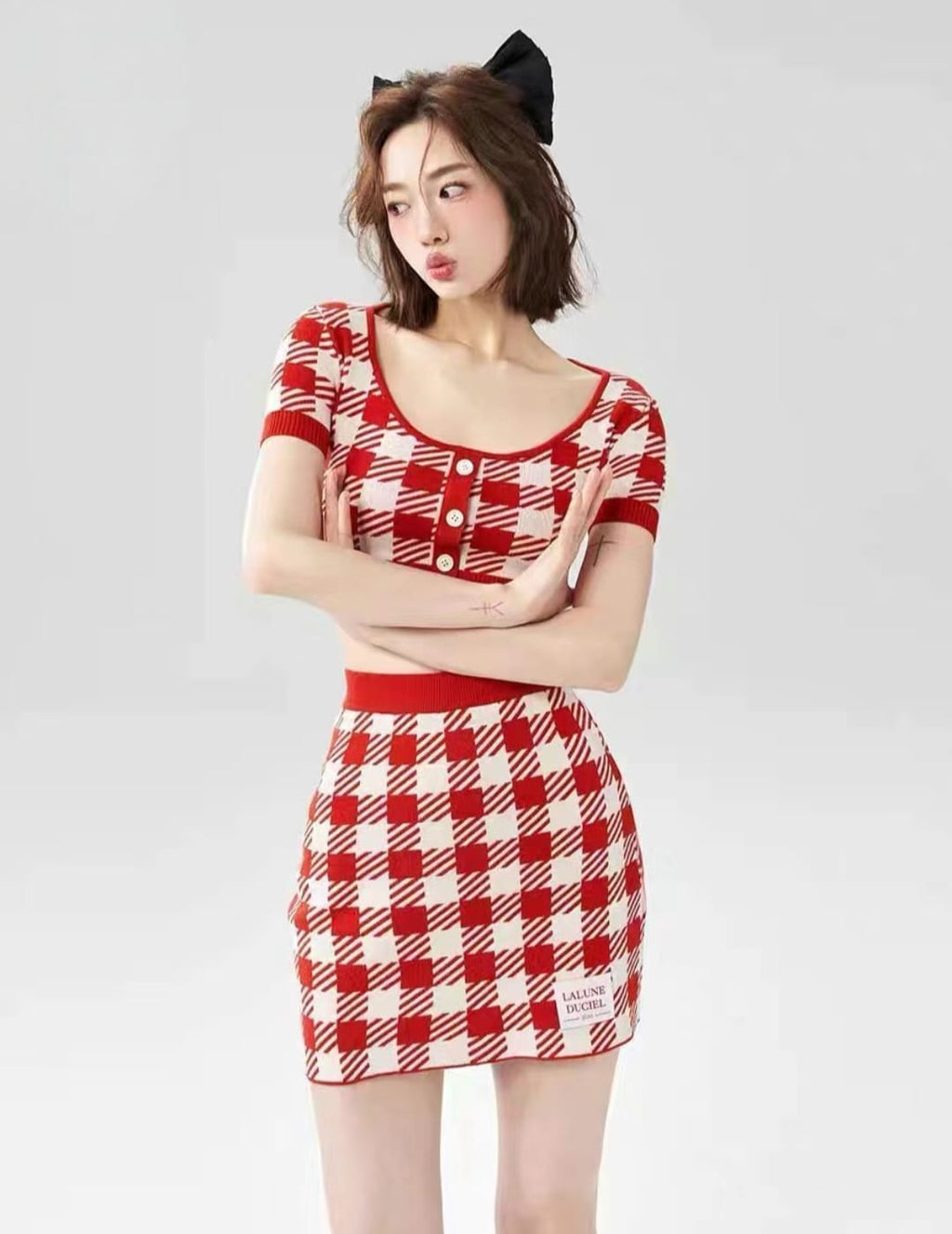 Retro Checkered Knit Crop Top & Skirt