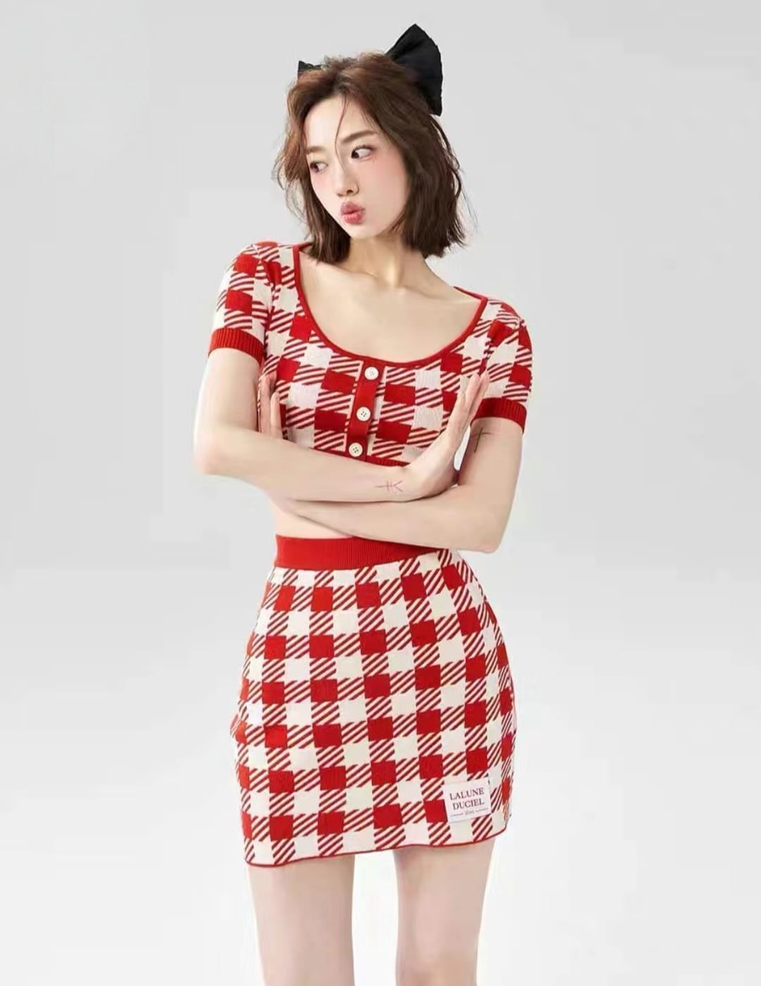 Retro Checkered Knit Crop Top & Skirt