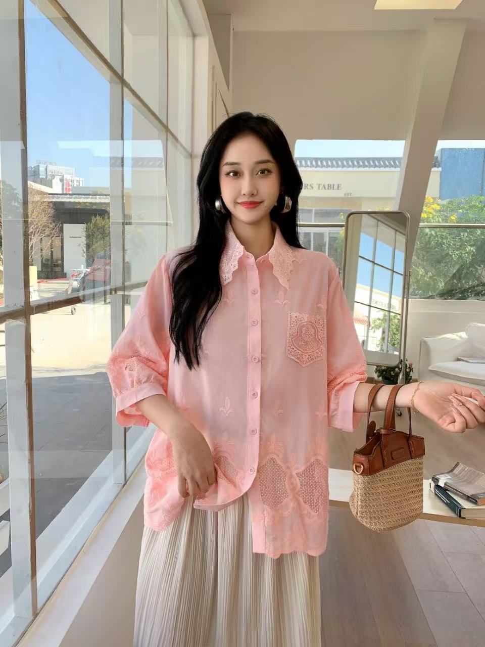 Chic Pastel Button-Down Top with Lace Detail