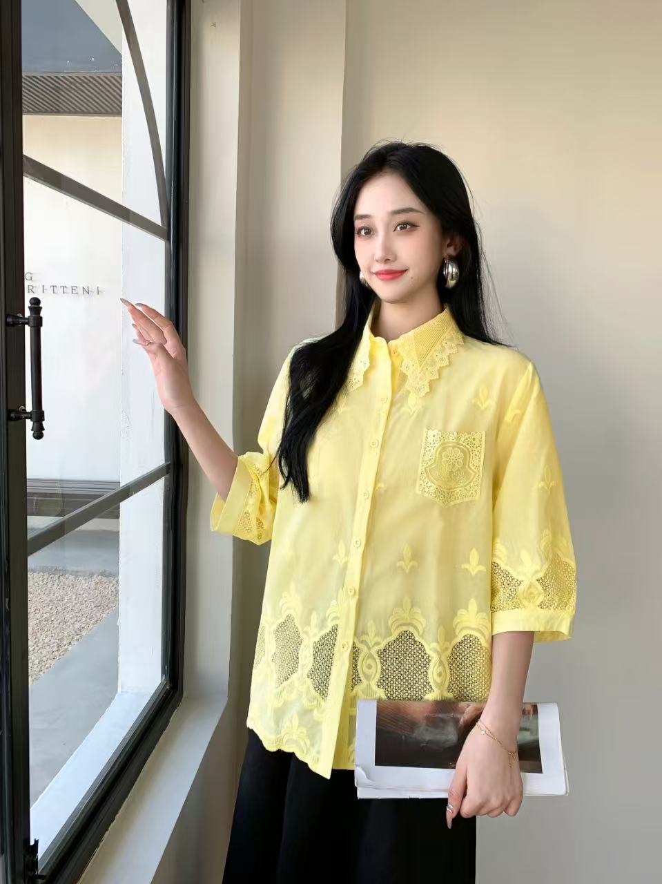 Chic Pastel Button-Down Top with Lace Detail