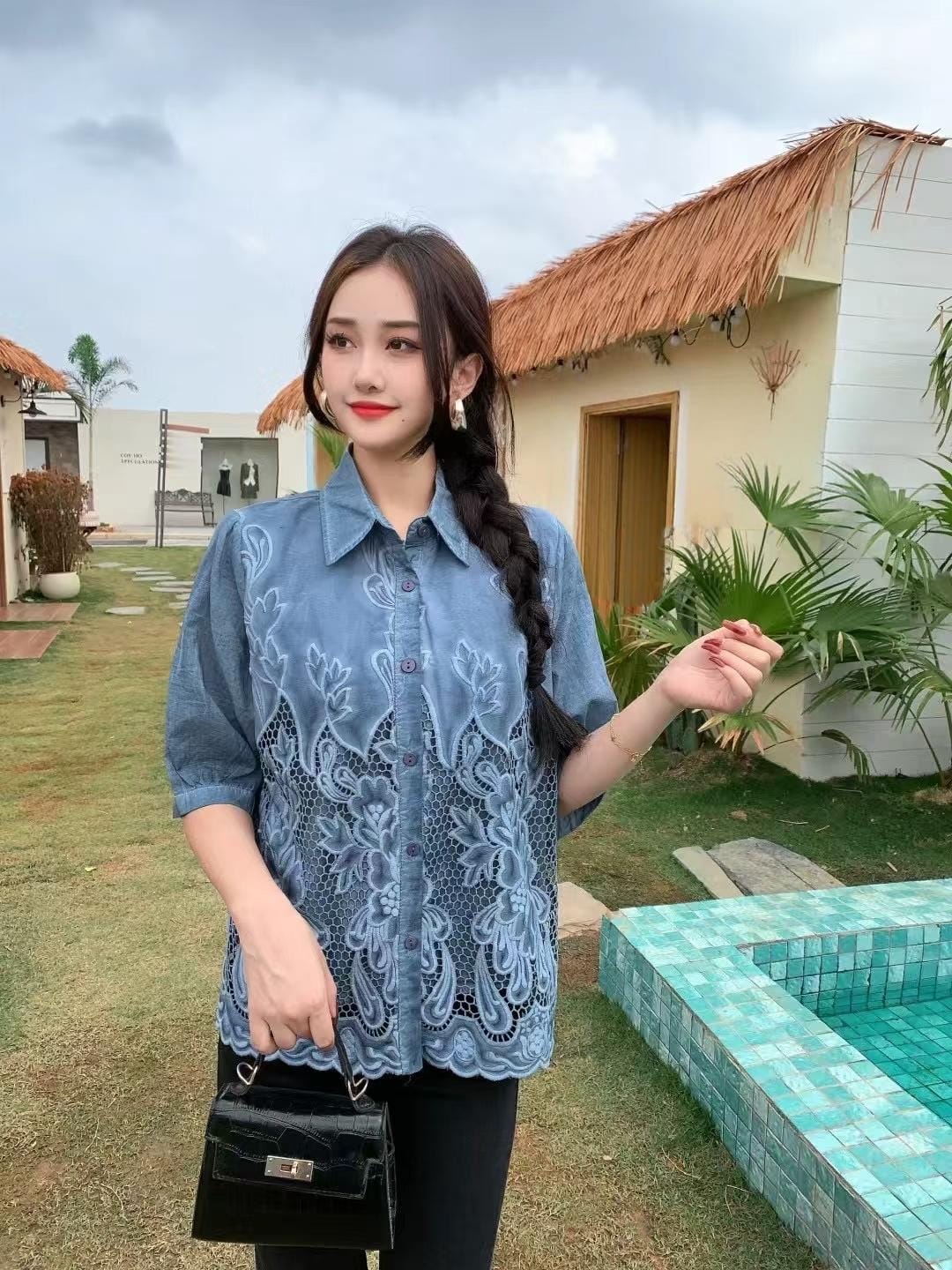 Elegant Floral Embroidered Button-Up tops