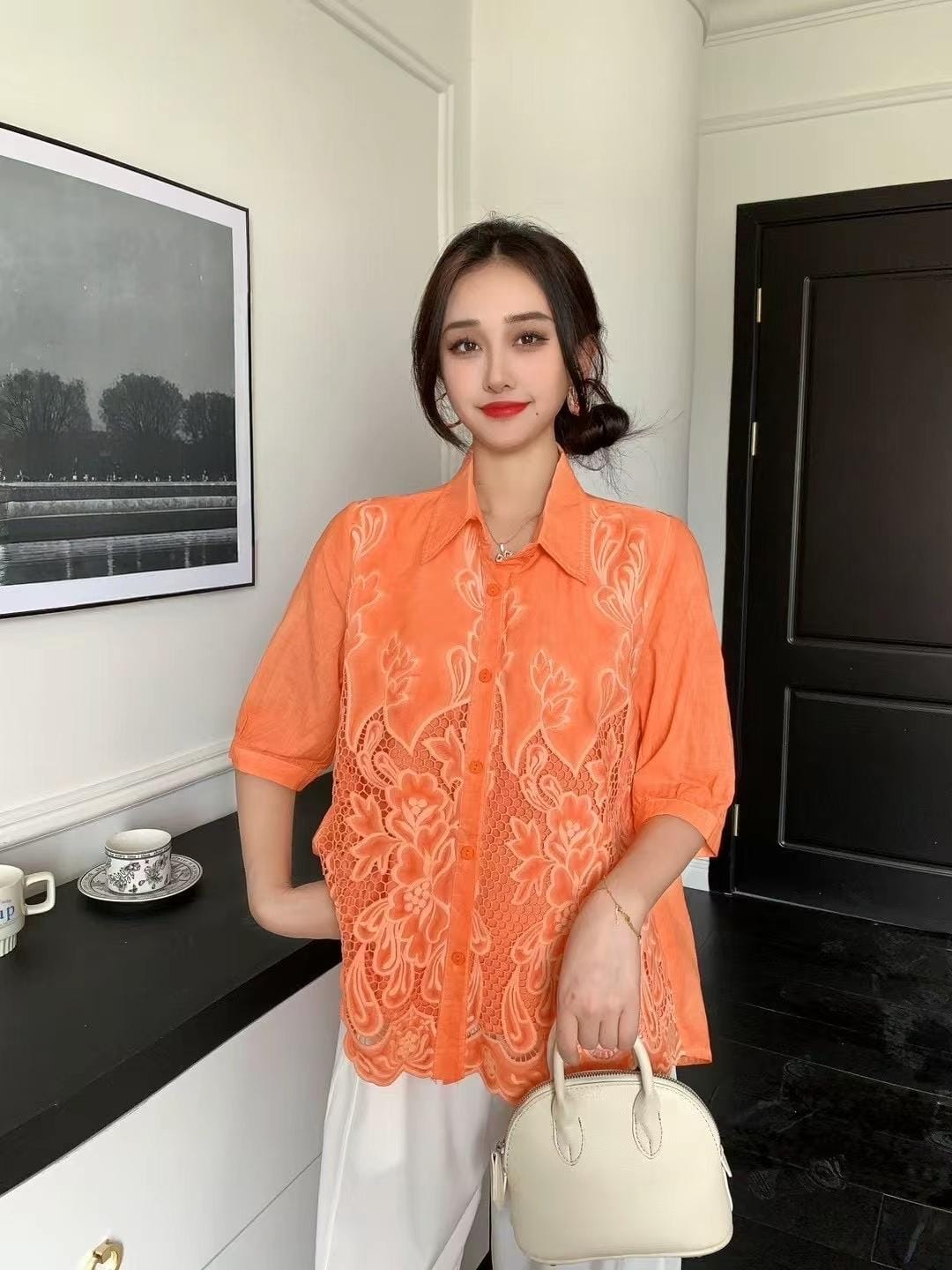 Elegant Floral Embroidered Button-Up tops