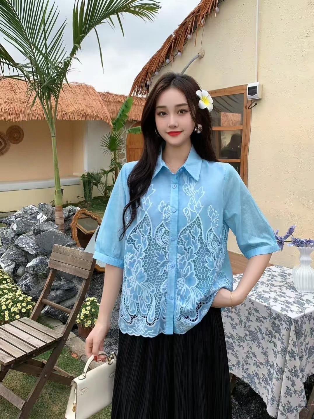 Elegant Floral Embroidered Button-Up tops