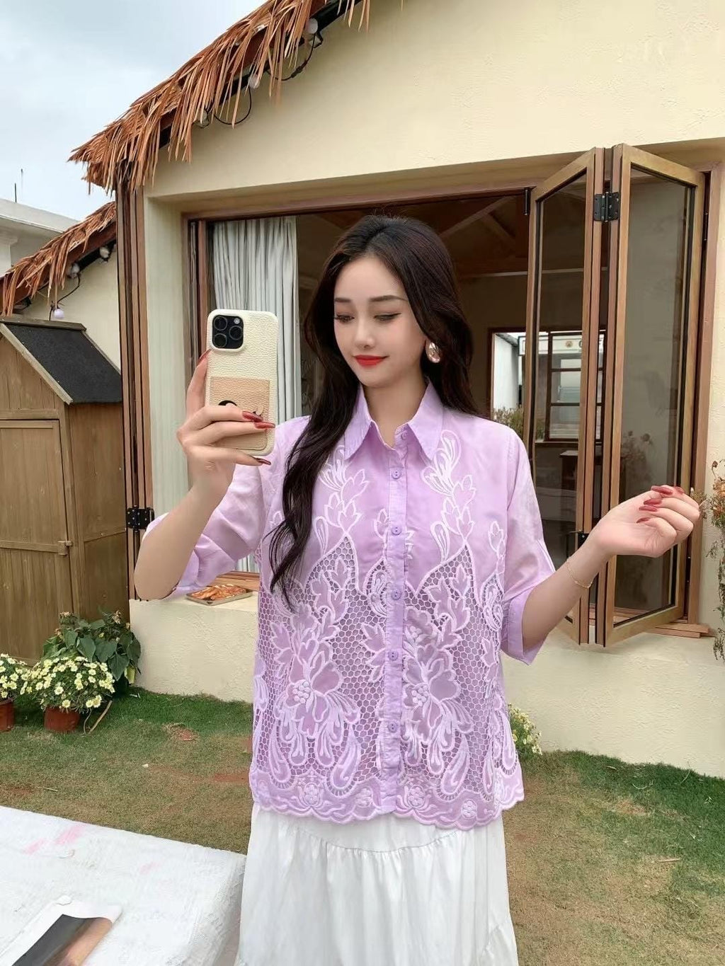 Elegant Floral Embroidered Button-Up tops