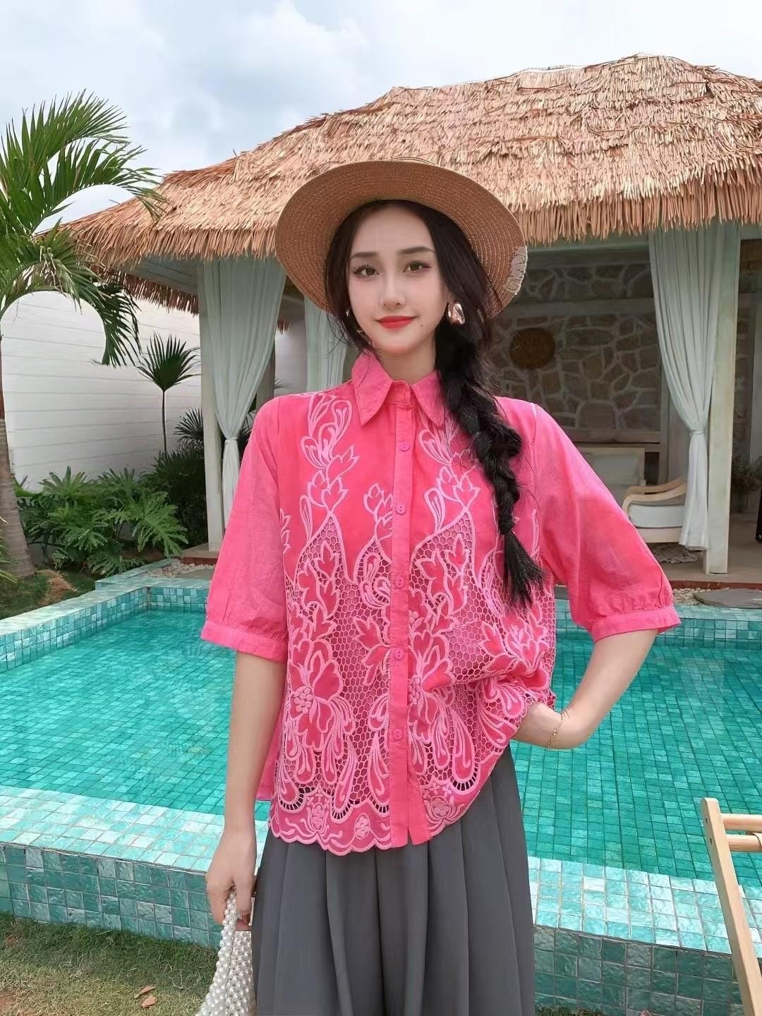 Elegant Floral Embroidered Button-Up tops