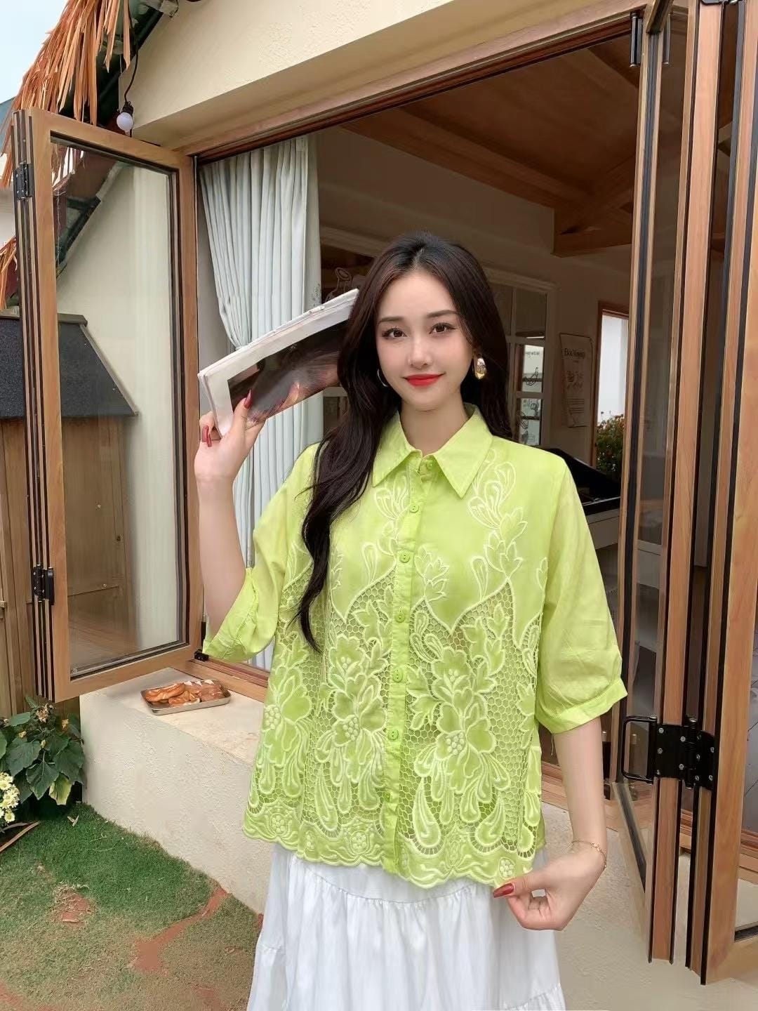 Elegant Floral Embroidered Button-Up tops