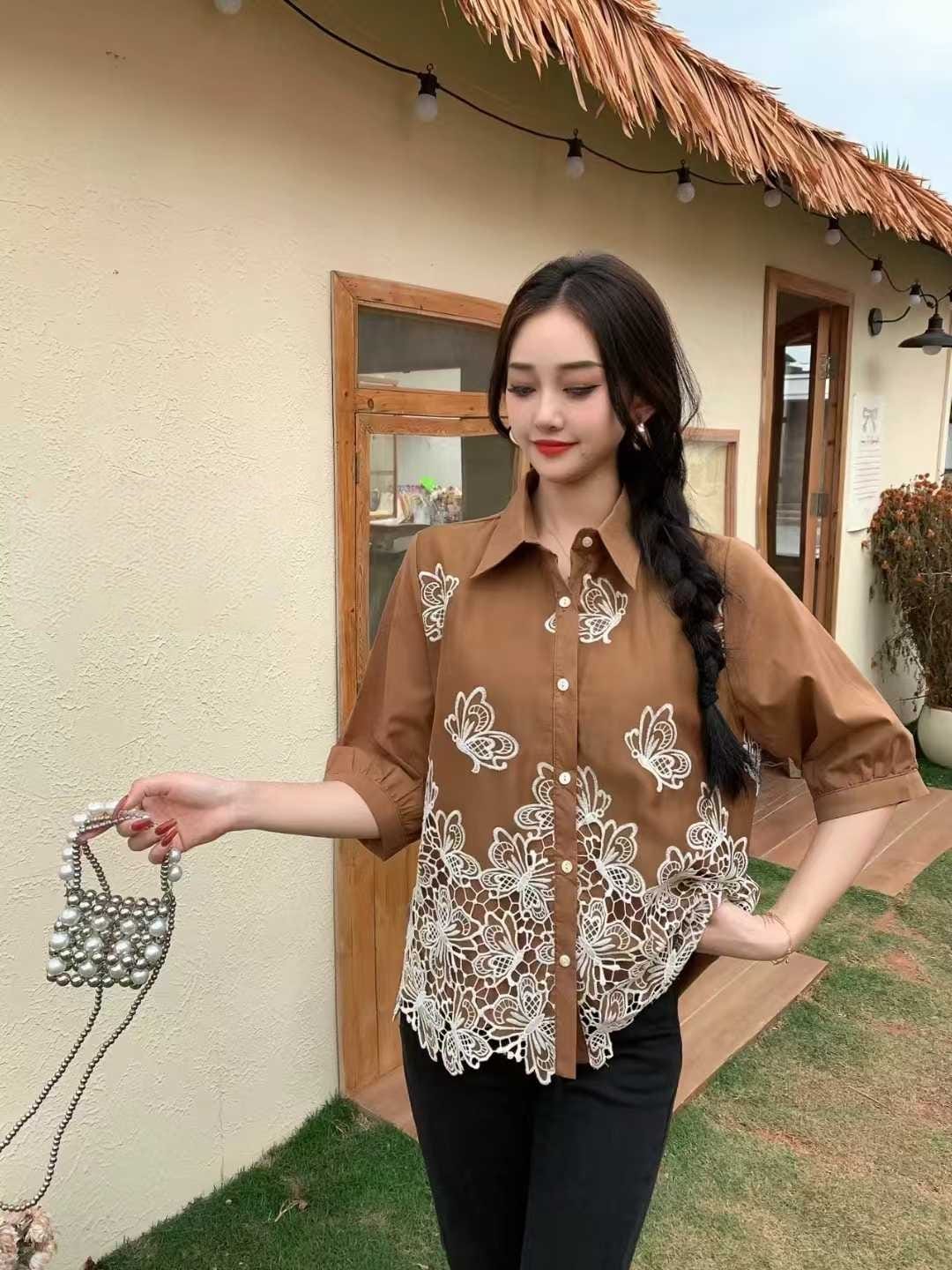 Floral Embroidered Sheer Button-Up Tops