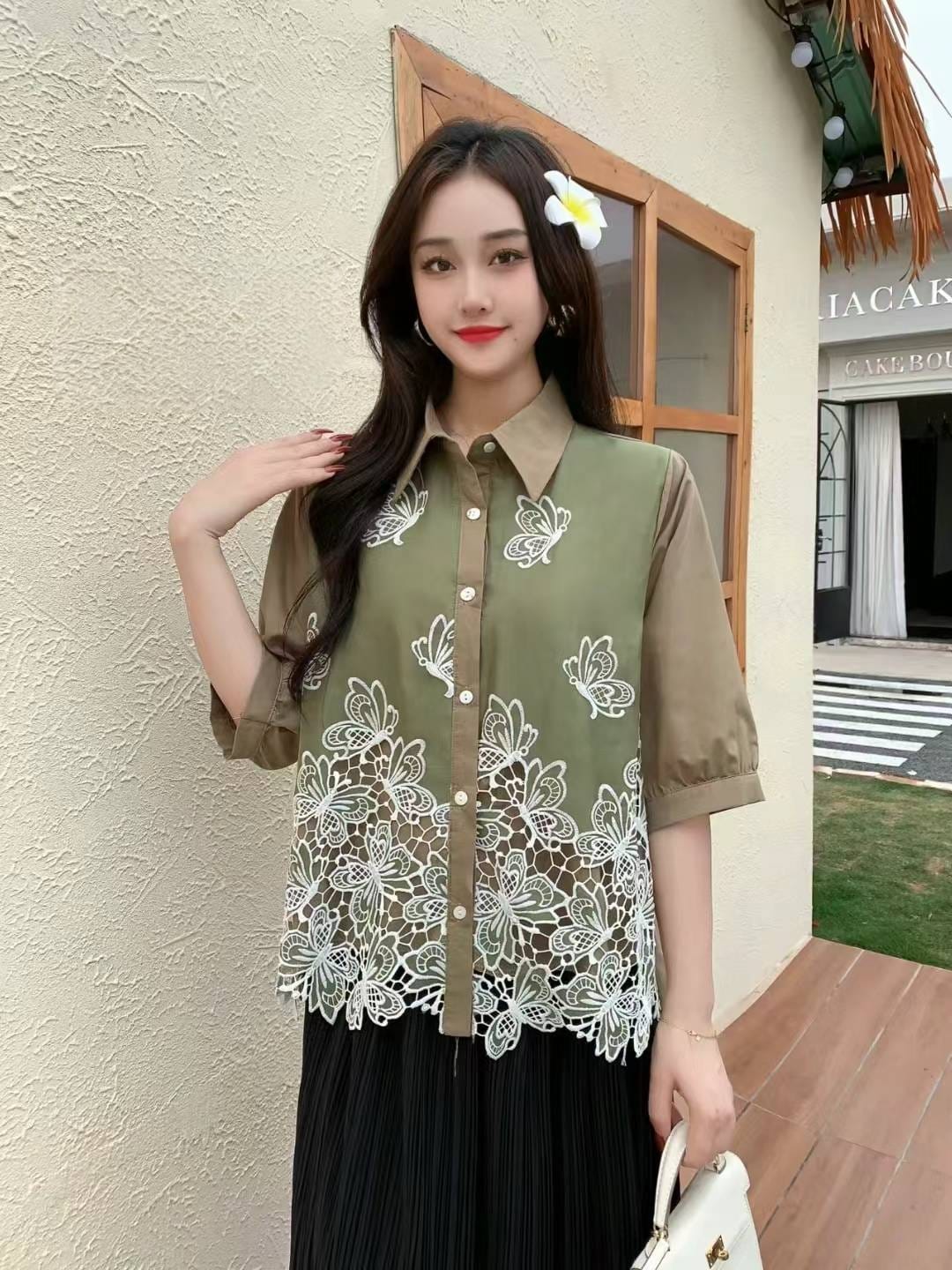 Floral Embroidered Sheer Button-Up Tops