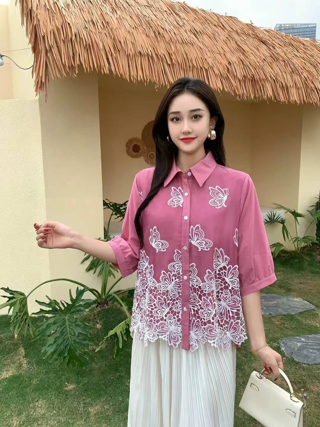 Floral Embroidered Sheer Button-Up Tops