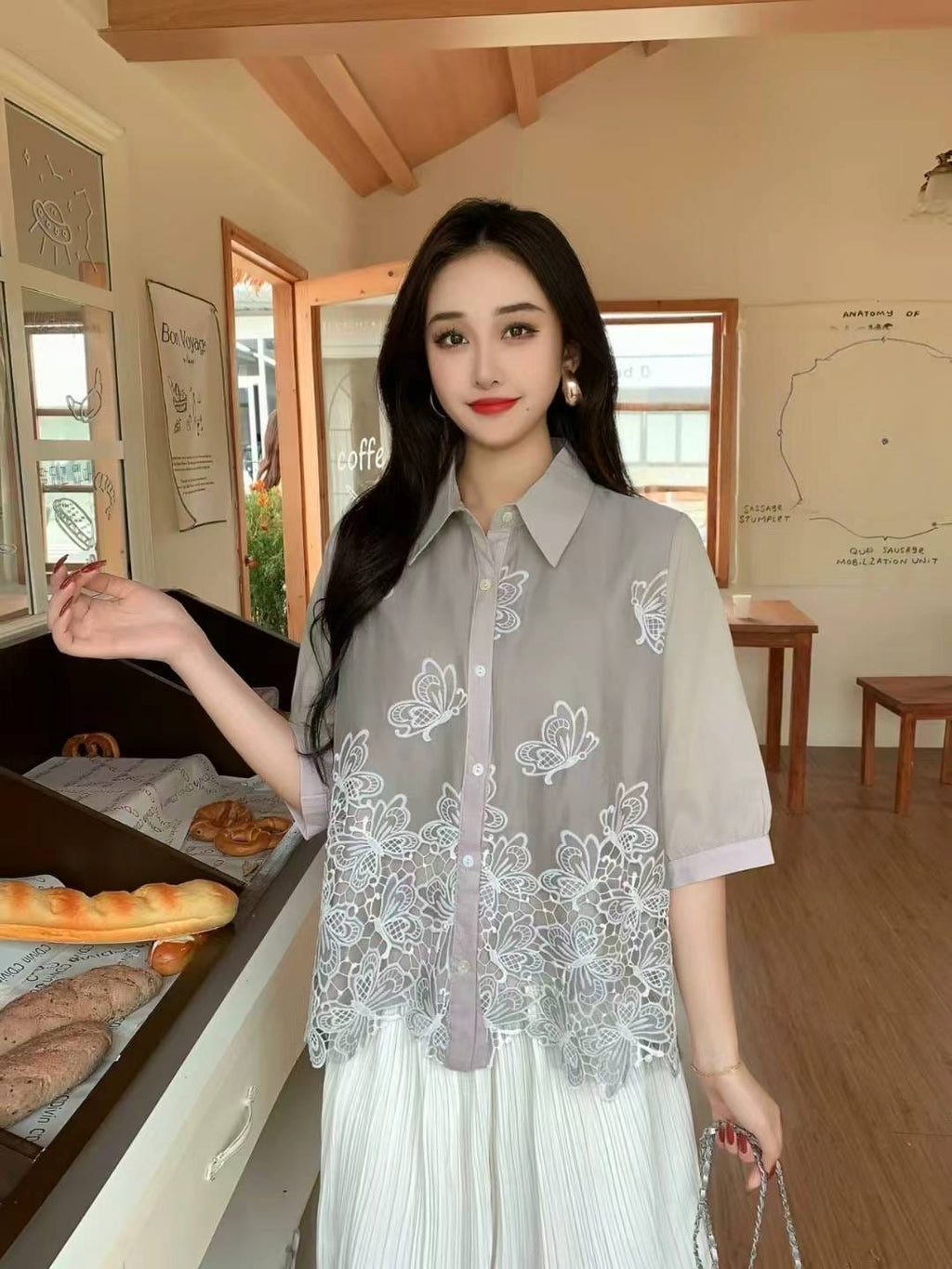 Floral Embroidered Sheer Button-Up Tops