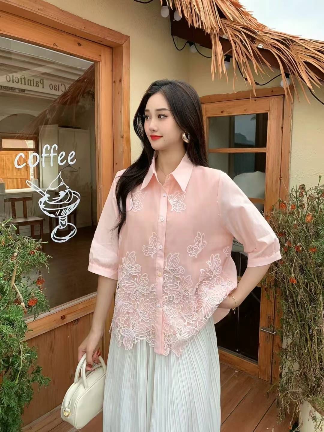 Floral Embroidered Sheer Button-Up Tops