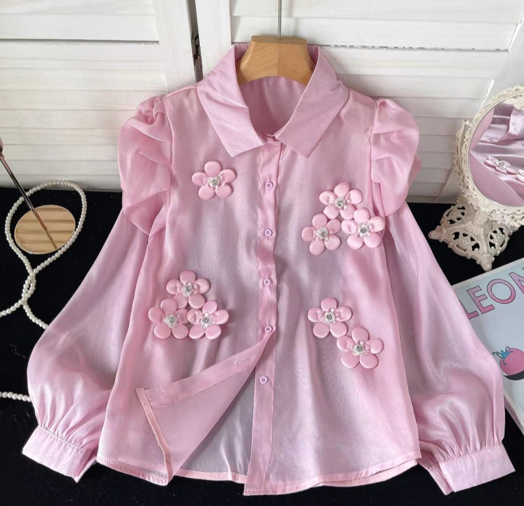 Shimmer Organza 3D Floral Button-Up tops