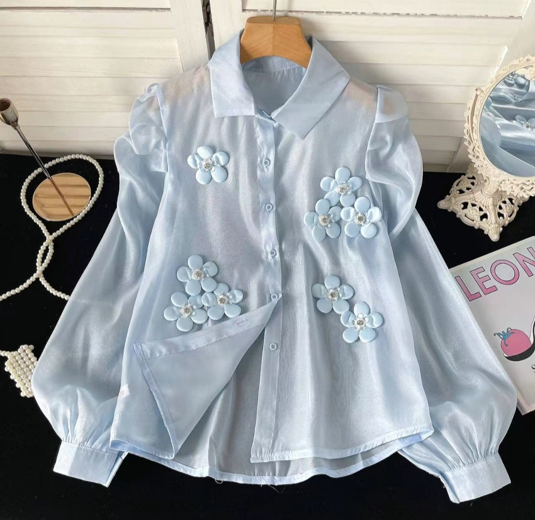 Shimmer Organza 3D Floral Button-Up tops