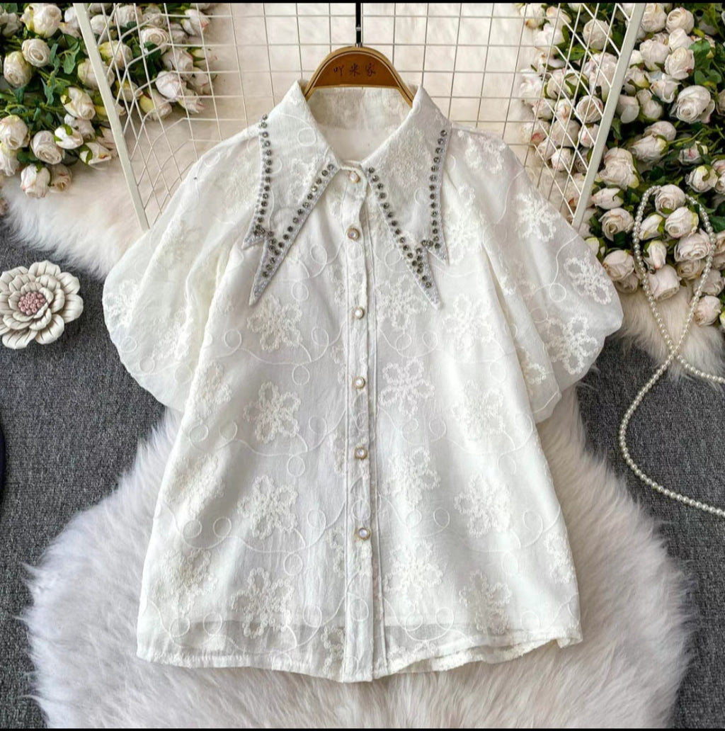 Embellished Collar Sheer Floral Embroidery Top