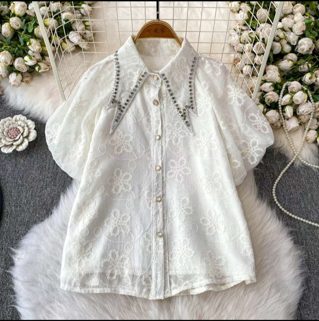 Embellished Collar Sheer Floral Embroidery Top