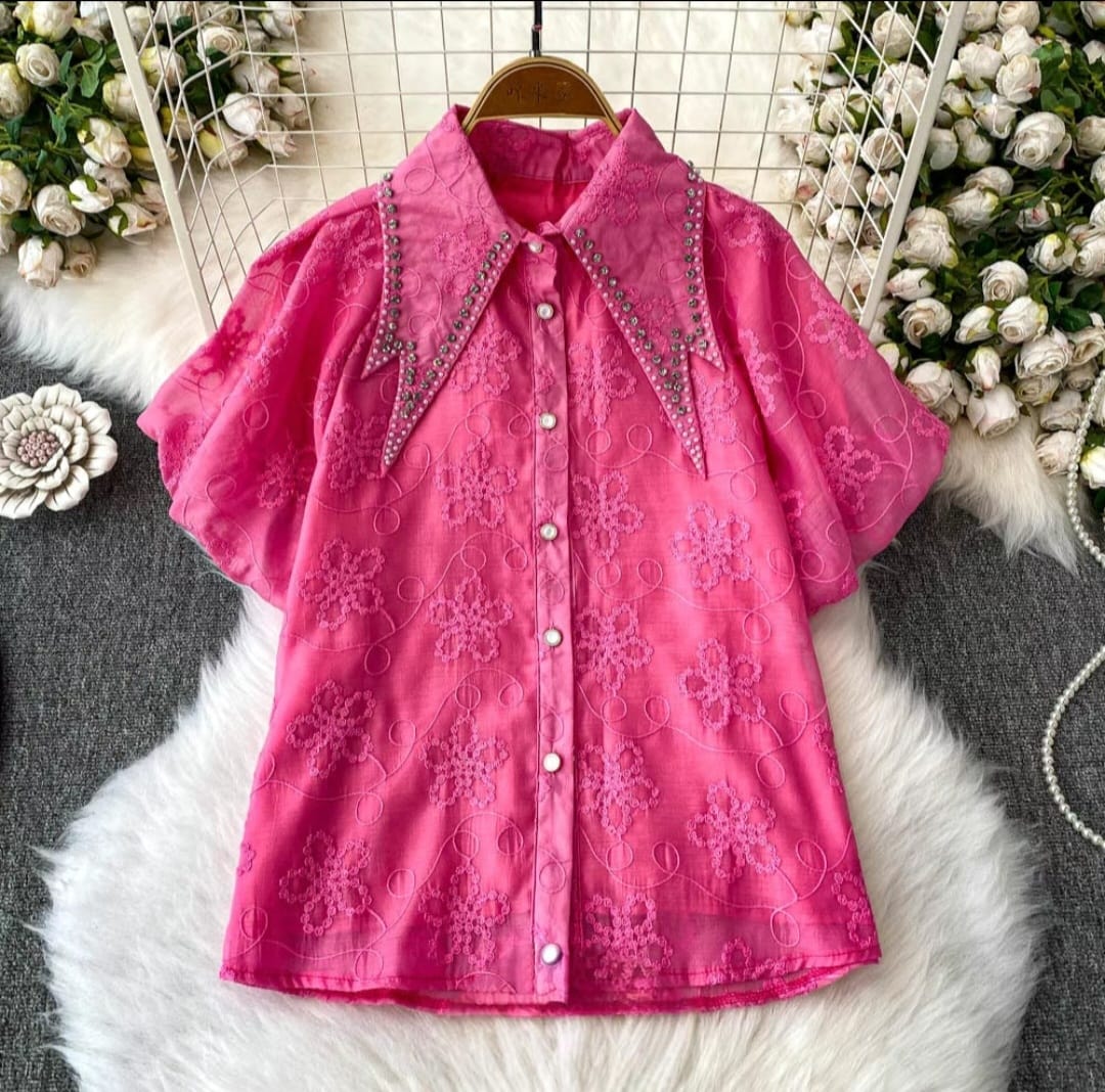 Embellished Collar Sheer Floral Embroidery Top