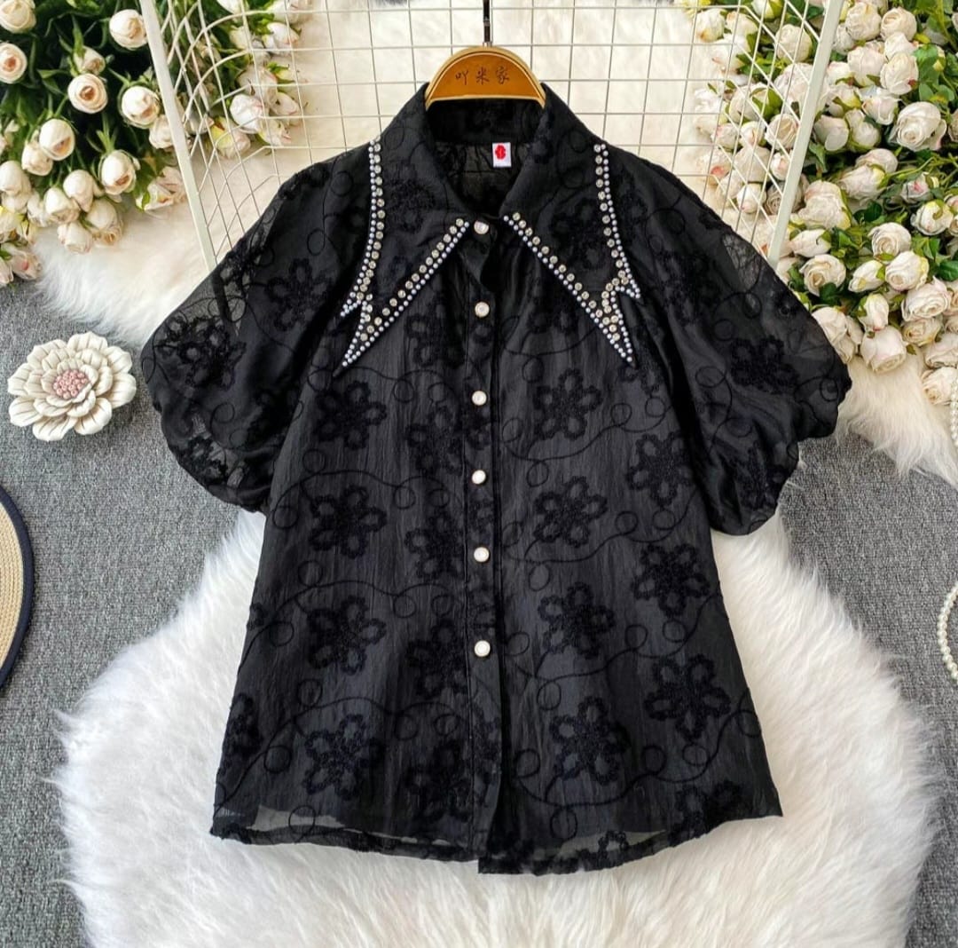 Embellished Collar Sheer Floral Embroidery Top