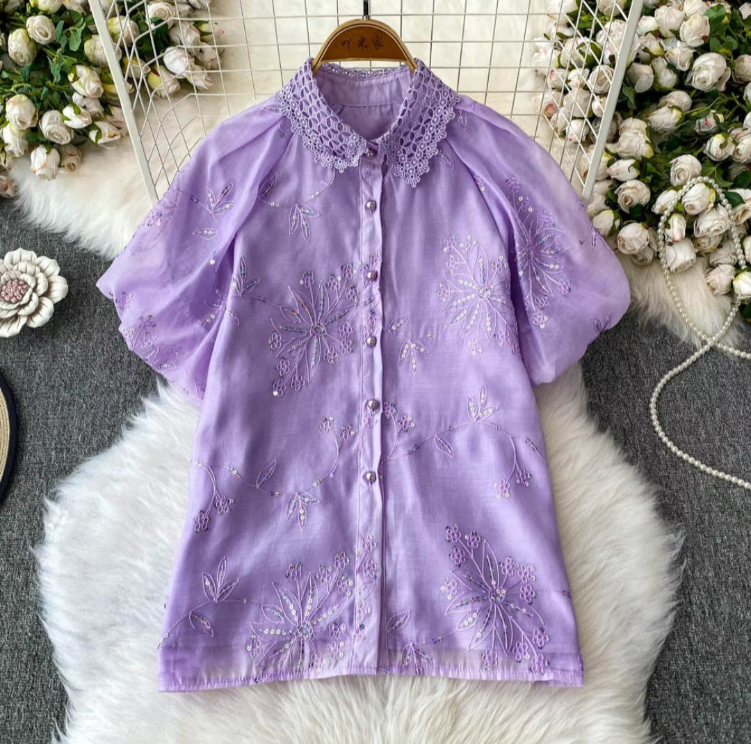 Elegant Floral Embroidered Sheer Button-Up Tops with Designer Collar