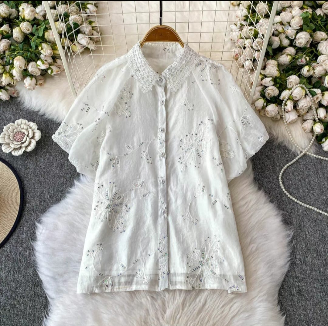 Elegant Floral Embroidered Sheer Button-Up Tops with Designer Collar