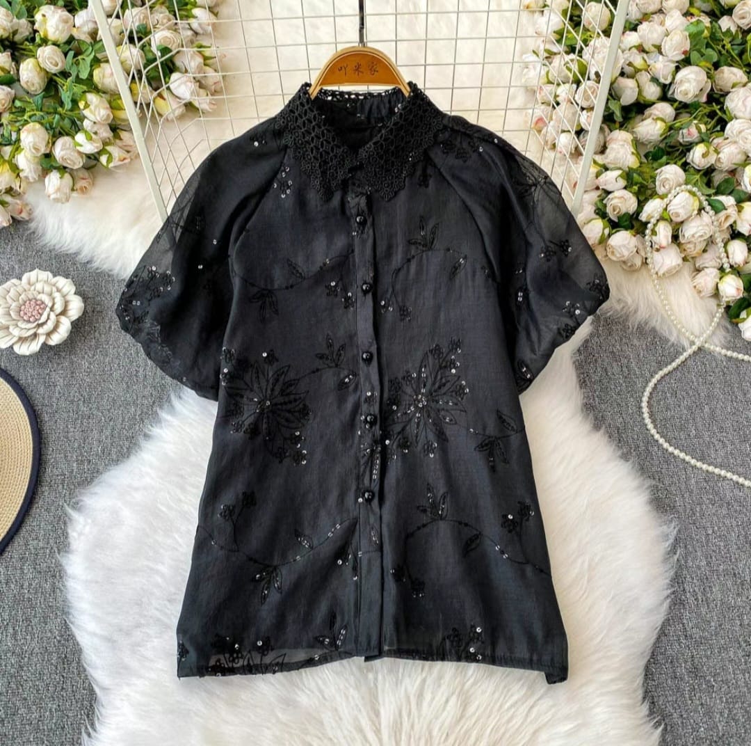 Elegant Floral Embroidered Sheer Button-Up Tops with Designer Collar