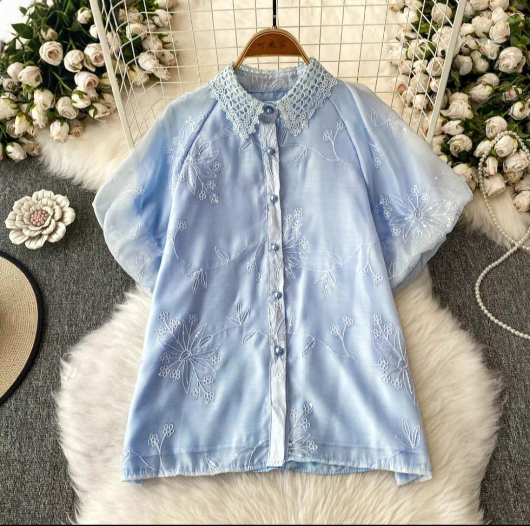 Elegant Floral Embroidered Sheer Button-Up Tops with Designer Collar