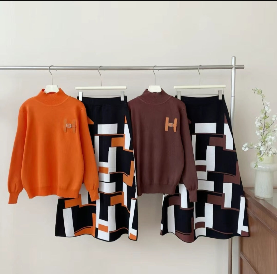 Geometric Pattern Sweater & Skirt Set – Statement Style Redefined