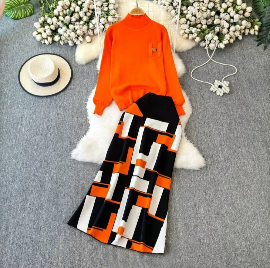 Geometric Pattern Sweater & Skirt Set – Statement Style Redefined