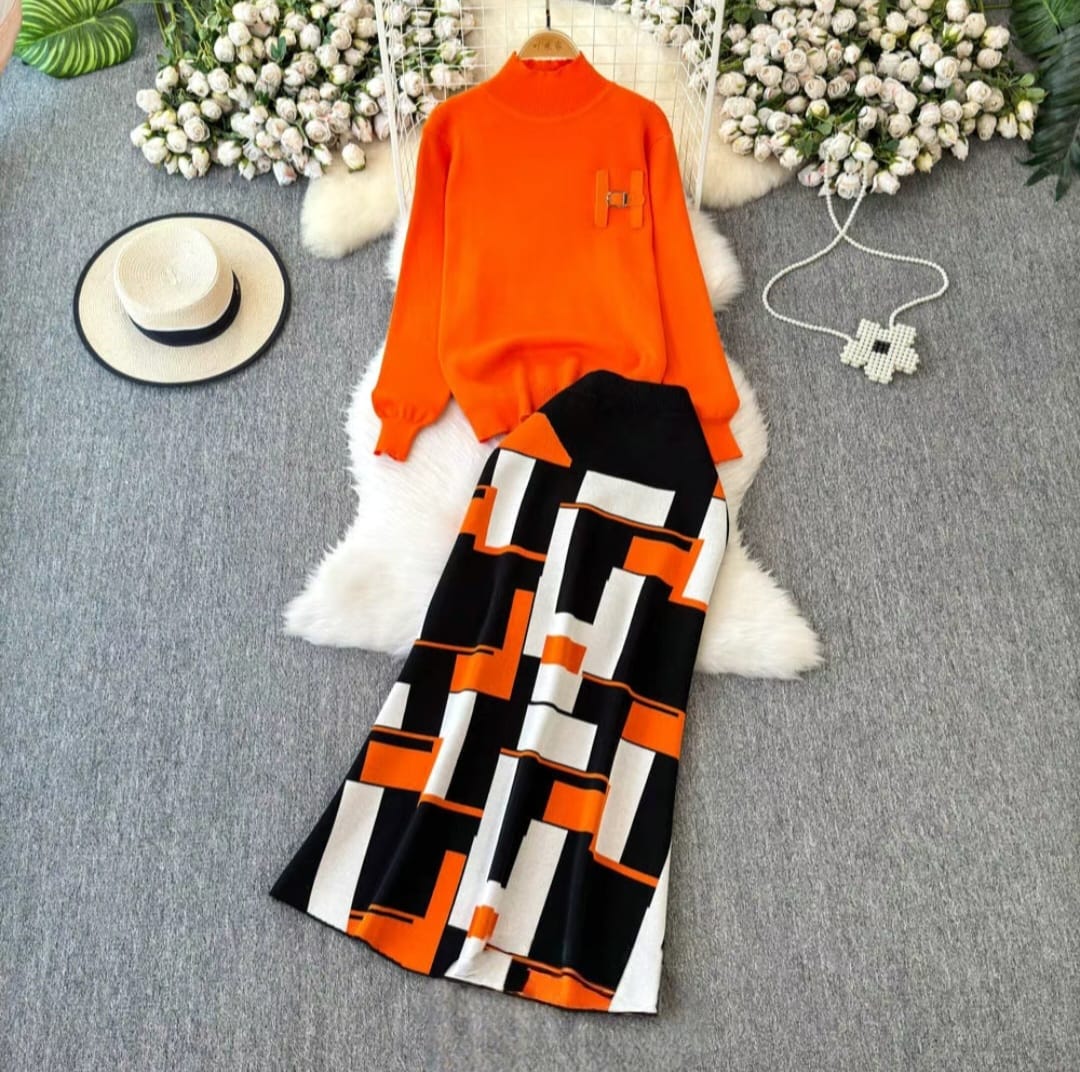 Geometric Pattern Sweater & Skirt Set – Statement Style Redefined
