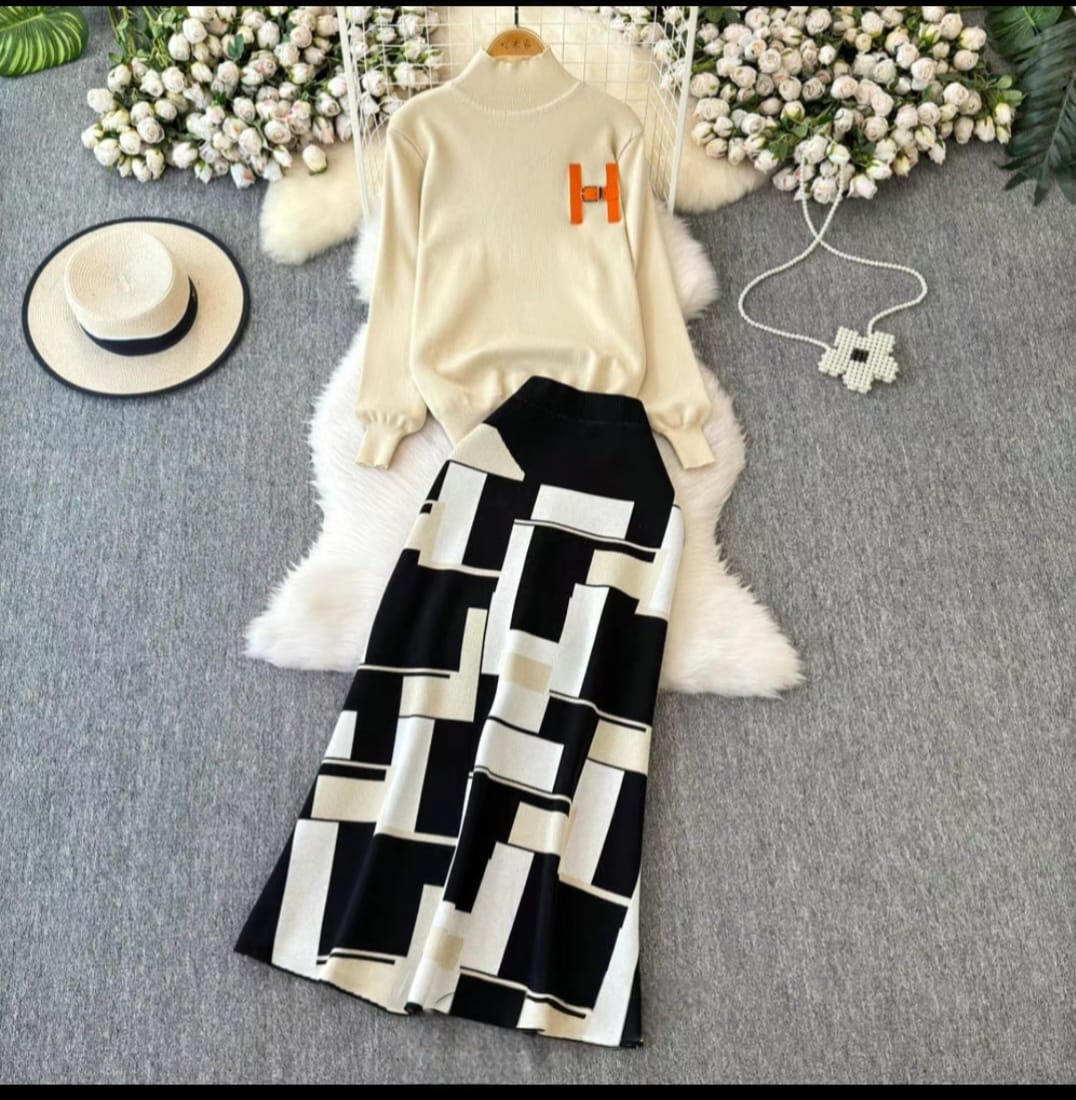 Geometric Pattern Sweater & Skirt Set – Statement Style Redefined