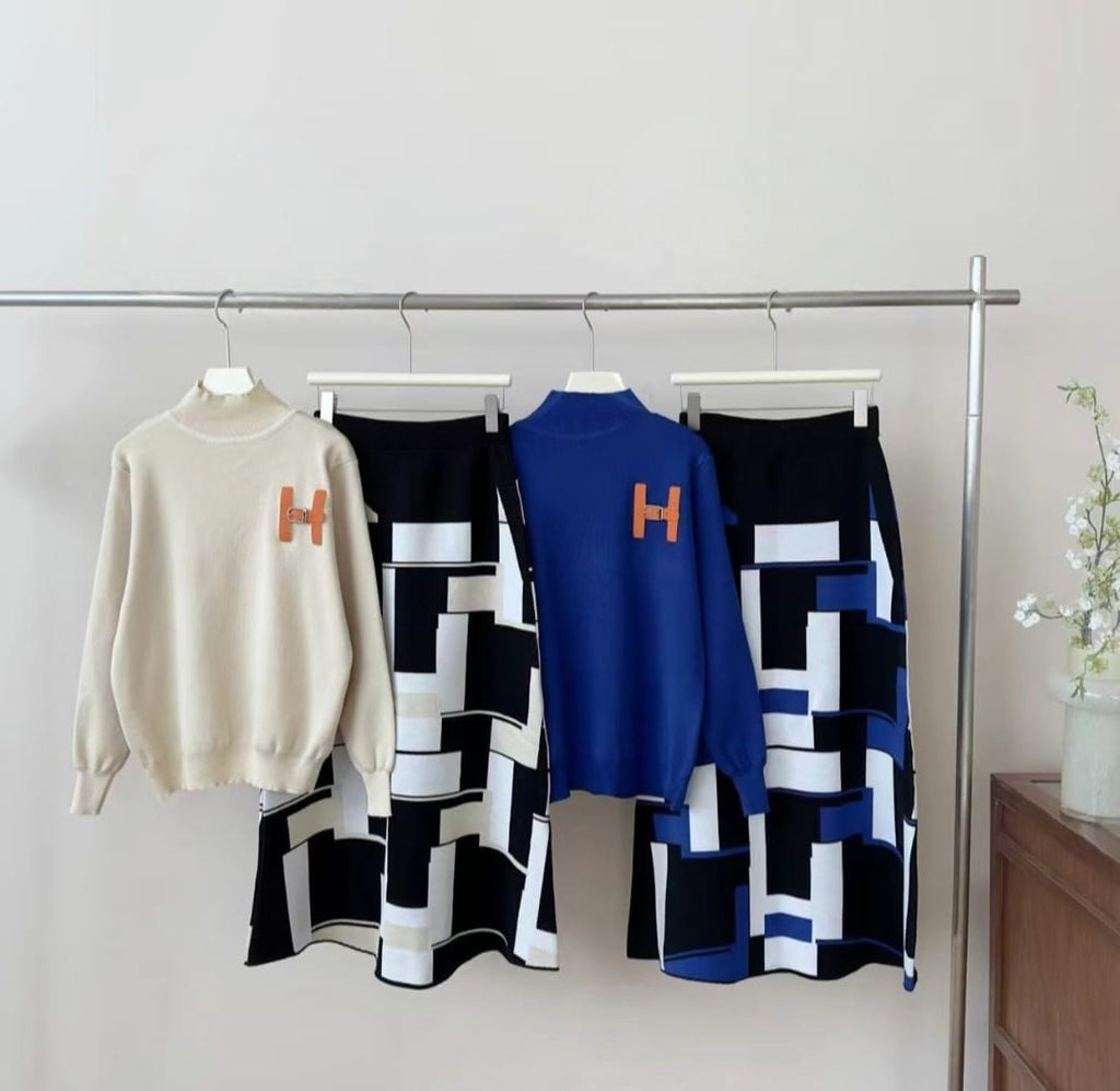 Geometric Pattern Sweater & Skirt Set – Statement Style Redefined