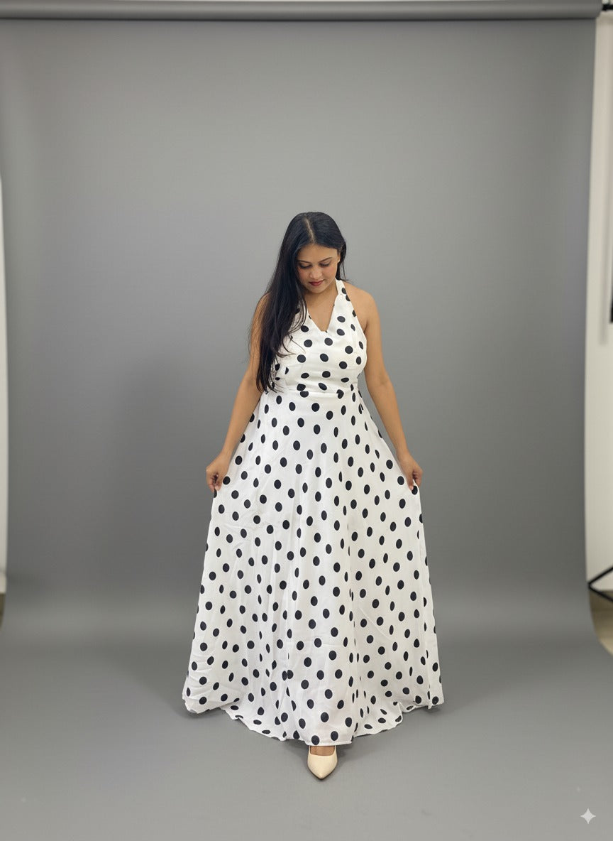 Classic Polka Dot Halter Maxi Dress – Timeless Vintage Charm