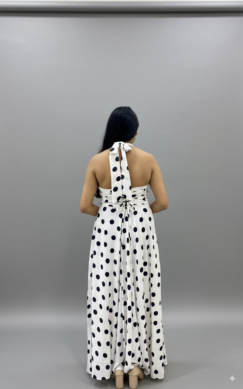 Classic Polka Dot Halter Maxi Dress – Timeless Vintage Charm